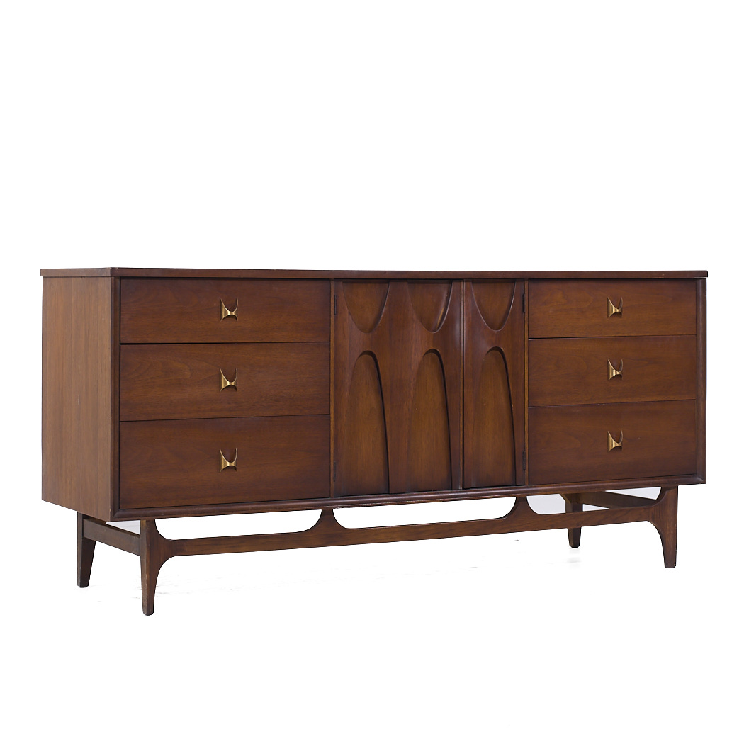 Broyhill Brasilia Mid Century Walnut and Brass 9 Drawer Lowboy Dresser