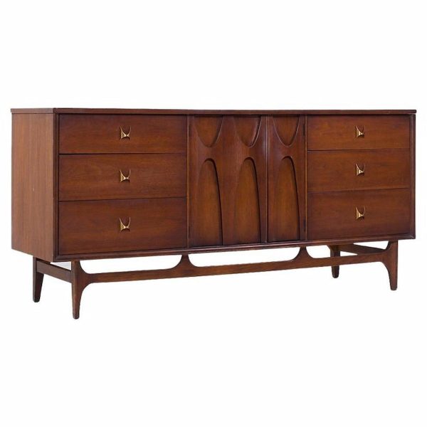 Broyhill Brasilia Mid Century Walnut and Brass 9 Drawer Lowboy Dresser