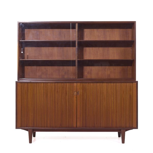 Dux Mid Century Walnut Tambour Door Credenza and Hutch