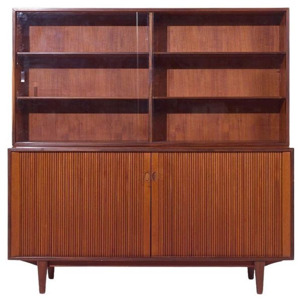 Dux Mid Century Walnut Tambour Door Credenza and Hutch