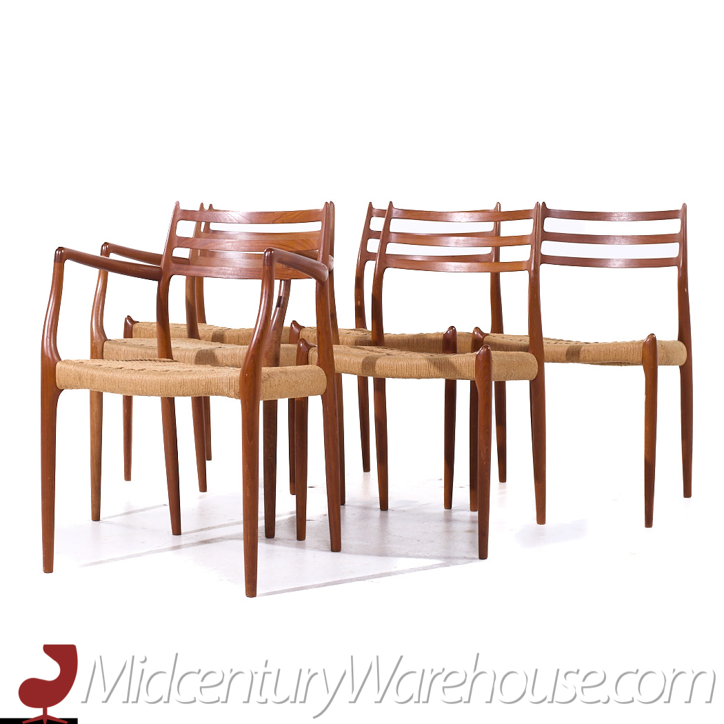 Niels Moller Model 78 and 62 Mid Century Danish Teak and Paper Cord Dining Chairs - Set of 6