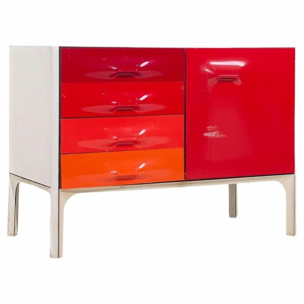 raymond loewy for doubinsky frères df 2000 mid century red fiberglass cabinet credenza