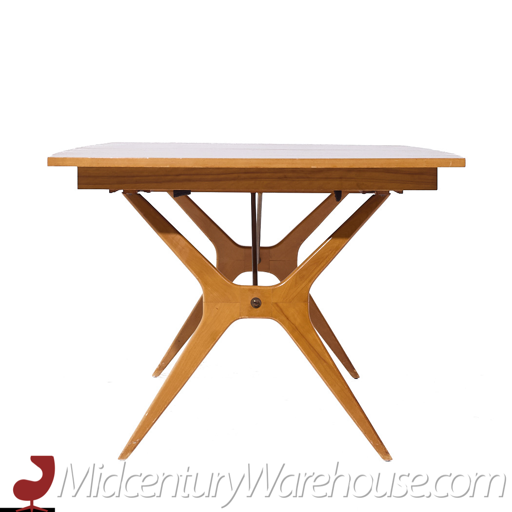 Rway Mid Century Walnut and Brass Hidden Leaf Expanding Dining Table with 2 Leaves