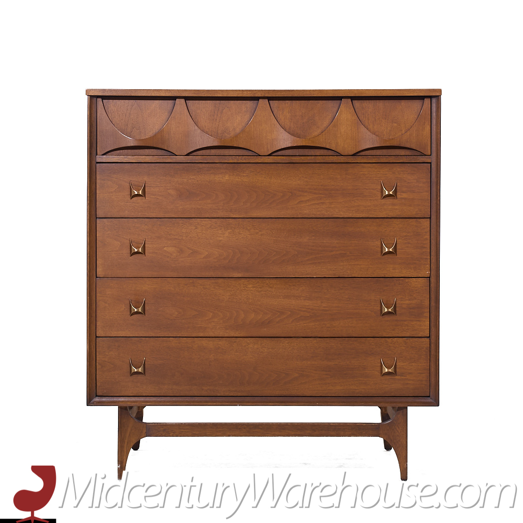 Broyhill Brasilia Mid Century Walnut and Brass Highboy Dresser