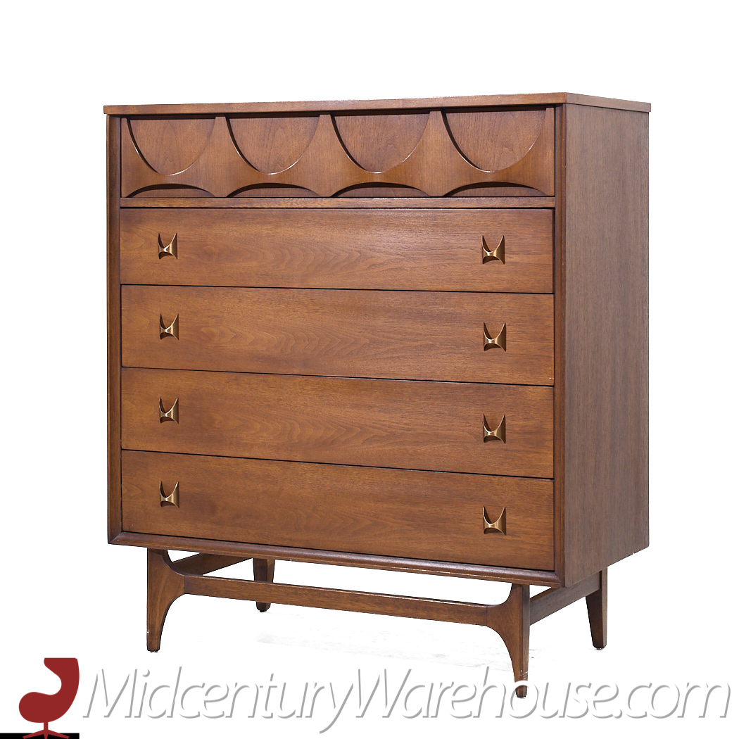 Broyhill Brasilia Mid Century Walnut and Brass Highboy Dresser