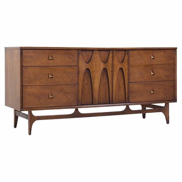 Broyhill Brasilia Mid Century Walnut and Brass Lowboy Dresser