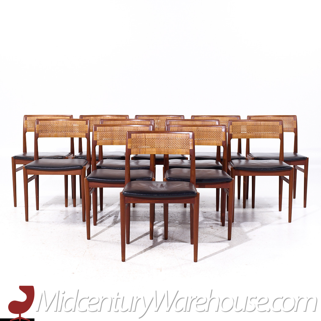 Erik Wørts Mid Century Danish Teak and Cane Dining Chairs - Set of 12