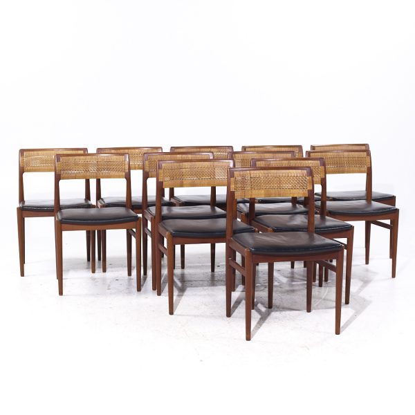 Erik Wørts Mid Century Danish Teak and Cane Dining Chairs - Set of 12