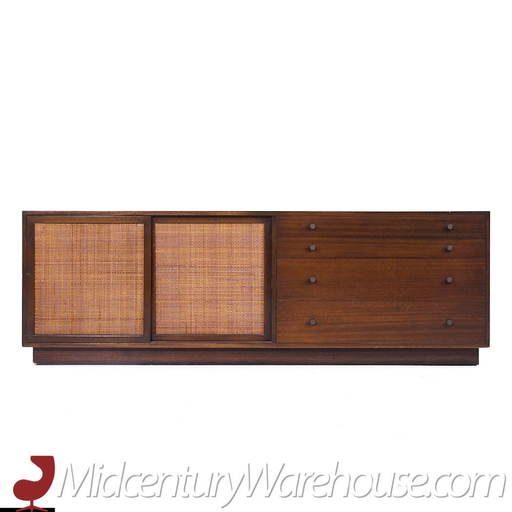 Harvey Probber Mid Century Bleached Mahogany and Cane Credenza with Hutch