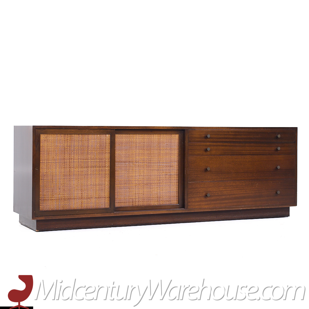 Harvey Probber Mid Century Bleached Mahogany and Cane Credenza with Hutch