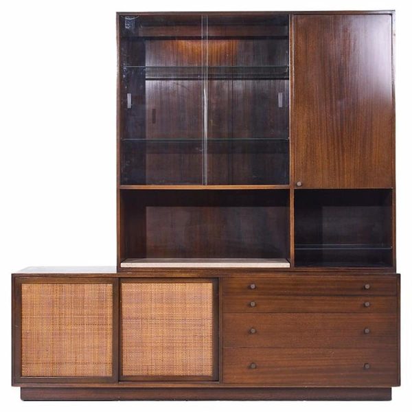 Harvey Probber Mid Century Bleached Mahogany and Cane Credenza with Hutch