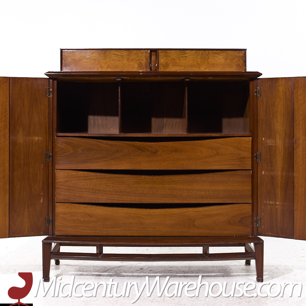 Helen Hobey Baker Mid Century Walnut and Burlwood Highboy Dresser