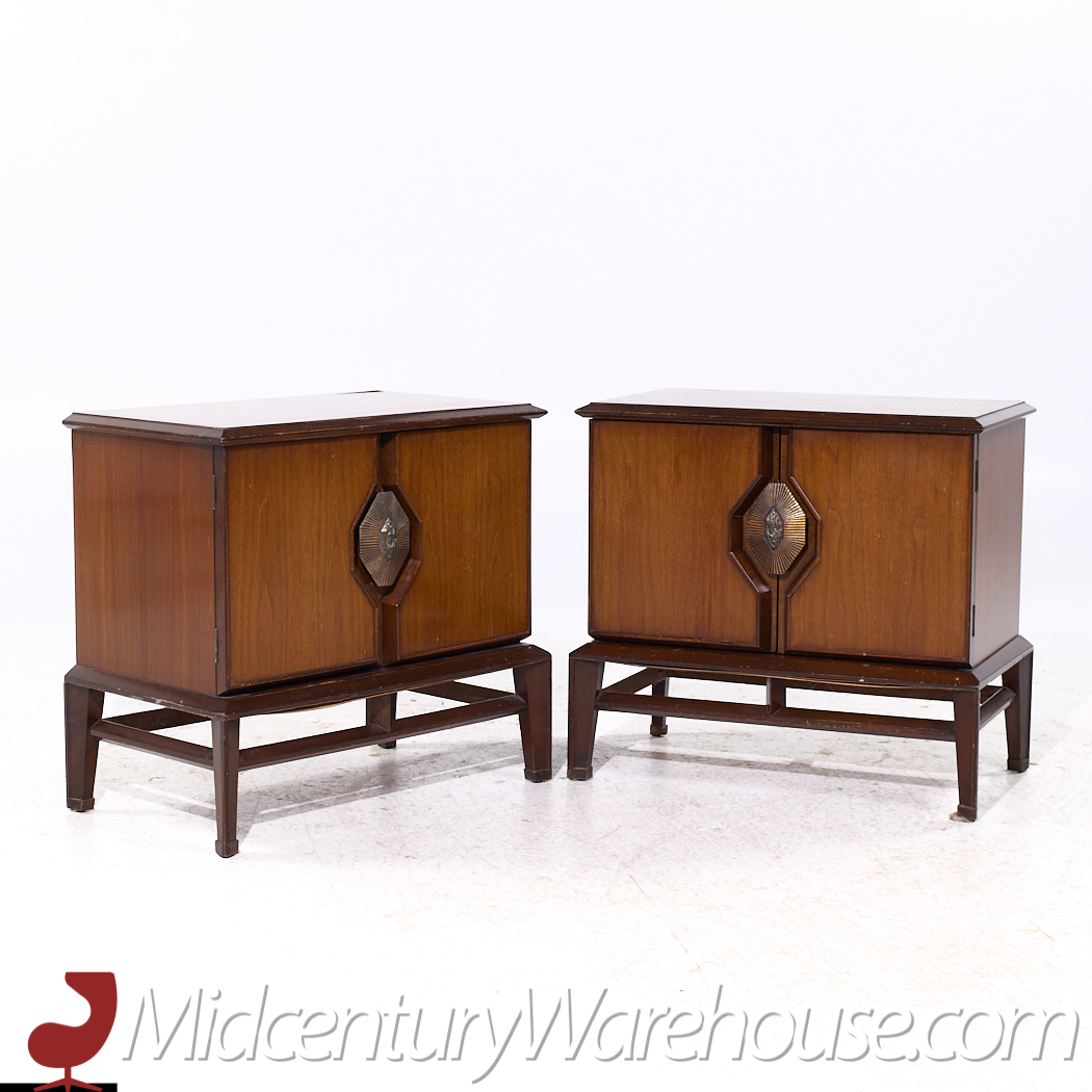 Helen Hobey Baker Mid Century Walnut and Burlwood Nightstands - Pair