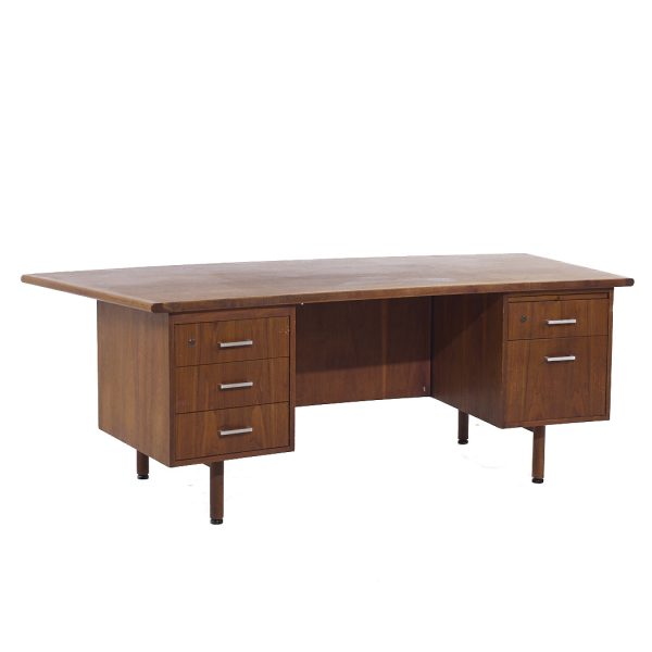 Jens Risom Style Mid Century Walnut Curved Executive Desk