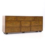 John Widdicomb Campaign Mid Century Burlwood and Brass Lowboy Dresser