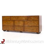 John Widdicomb Campaign Mid Century Burlwood and Brass Lowboy Dresser