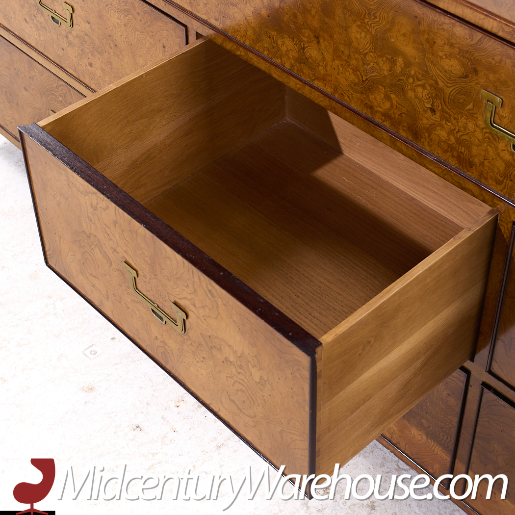 John Widdicomb Campaign Mid Century Burlwood and Brass Lowboy Dresser