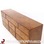 John Widdicomb Campaign Mid Century Burlwood and Brass Lowboy Dresser