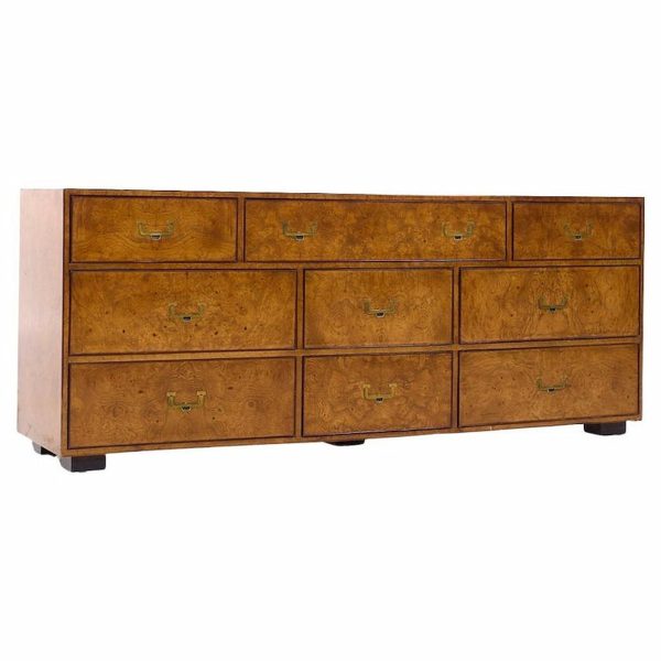 john widdicomb campaign mid century burlwood and brass lowboy dresser