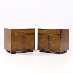 john widdicomb campaign mid century burlwood and brass nightstands - pair