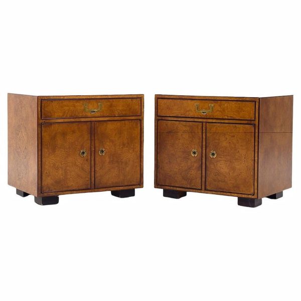 John Widdicomb Campaign Mid Century Burlwood and Brass Nightstands - Pair