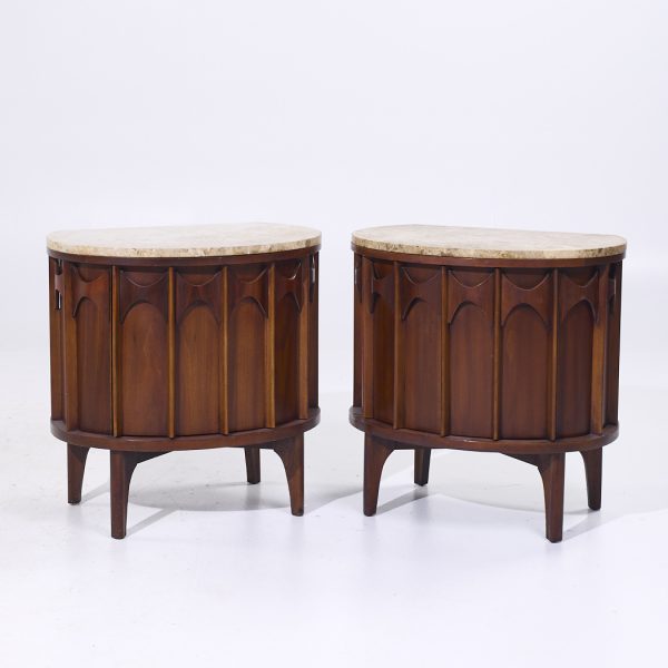 Kent Coffey Perspecta Mid Century Walnut Rosewood Marble Top Nightstands - Pair