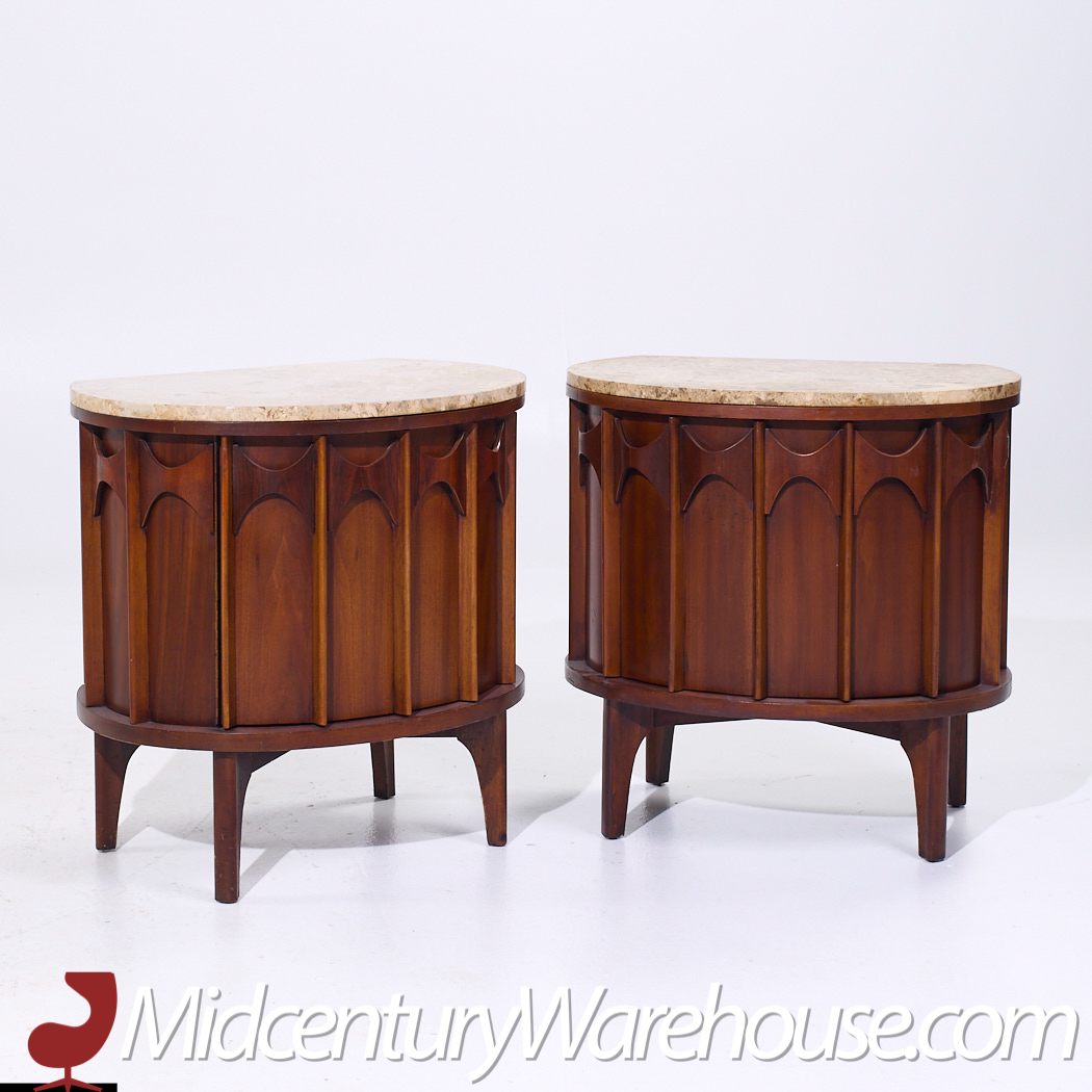 Kent Coffey Perspecta Mid Century Walnut Rosewood Marble Top Nightstands - Pair