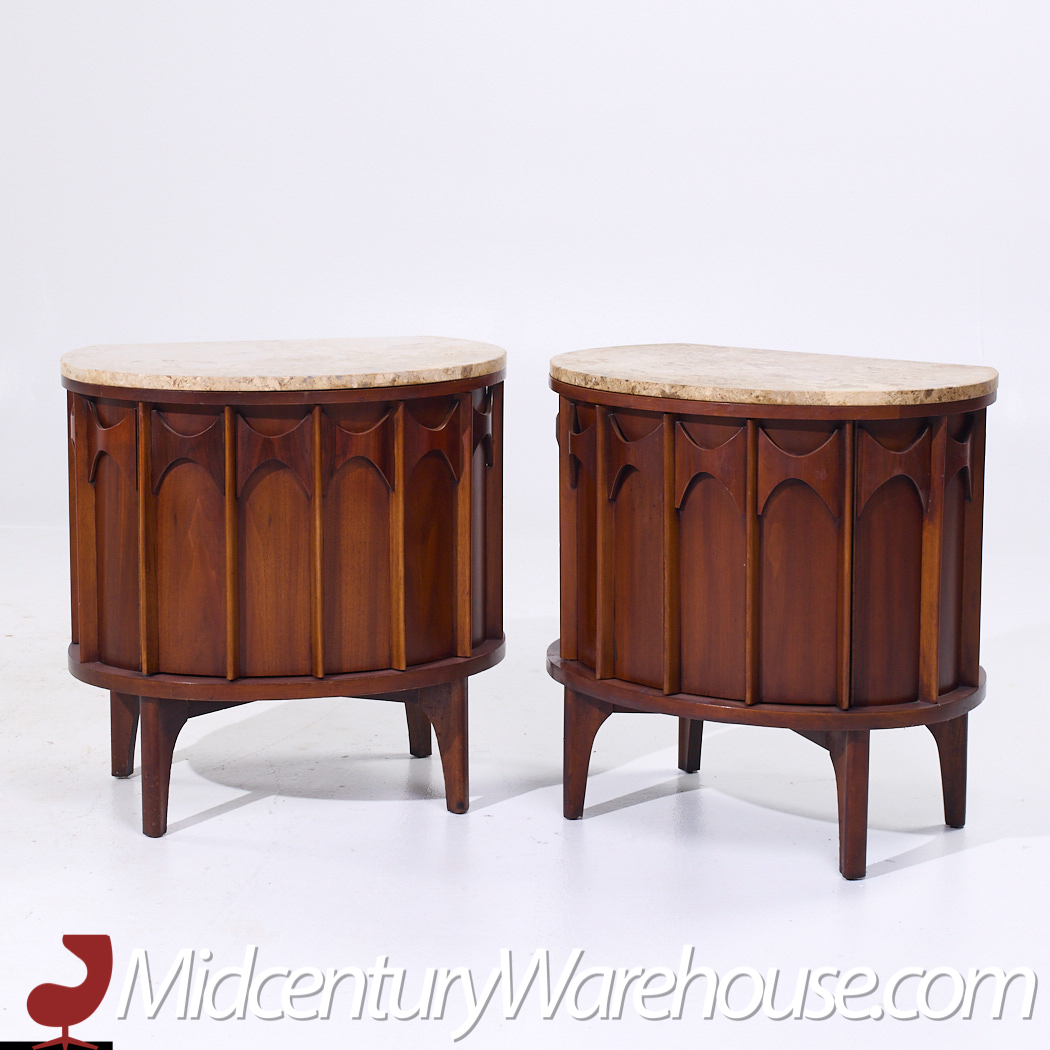 Kent Coffey Perspecta Mid Century Walnut Rosewood Marble Top Nightstands - Pair