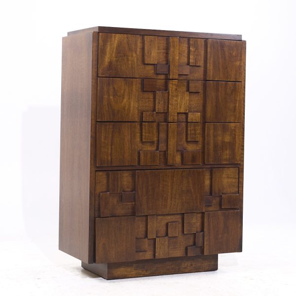 Lane Staccato Brutalist Mid Century Walnut Highboy Dresser