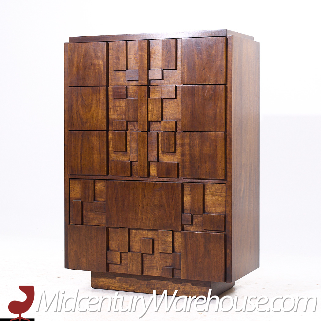 Lane Staccato Brutalist Mid Century Walnut Highboy Dresser