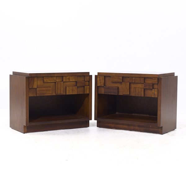 Lane Staccato Brutalist Mid Century Walnut Nightstands - Pair