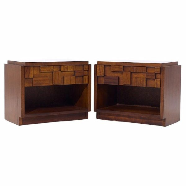 Lane Staccato Brutalist Mid Century Walnut Nightstands - Pair