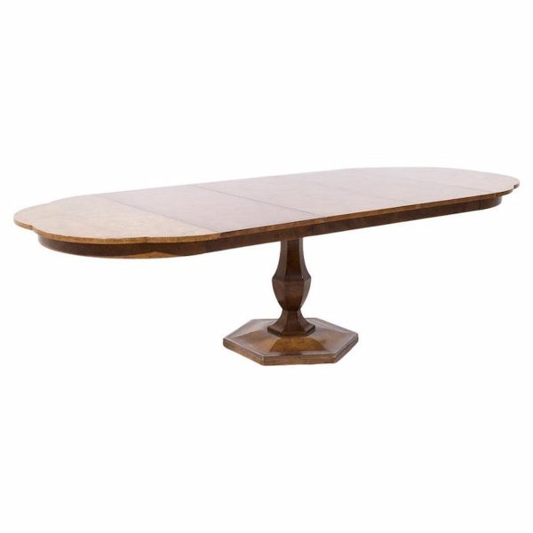 Mastercraft Mid Century Burlwood Pedestal Expanding Dining Table with 3 Leave