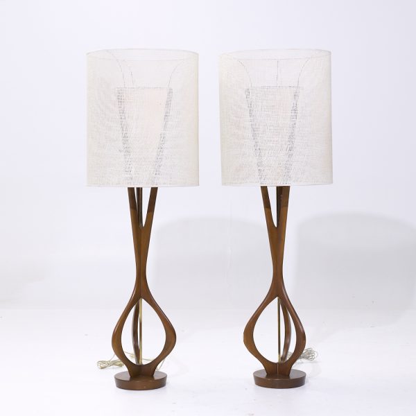 Modeline Mid Century Sculptural Walnut and Brass Table Lamps - Pair