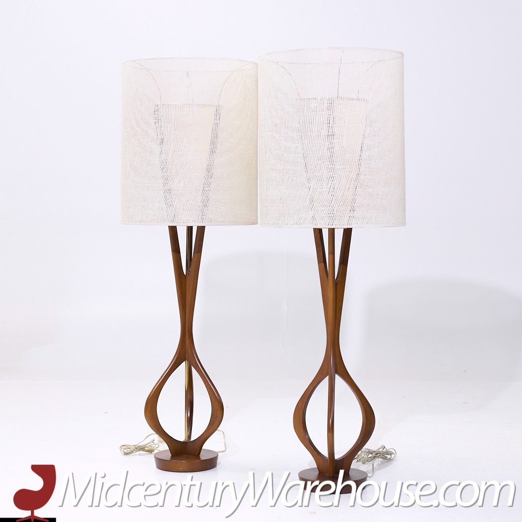 Modeline Mid Century Sculptural Walnut and Brass Table Lamps - Pair