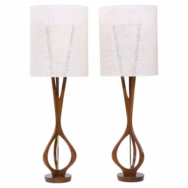 Modeline Mid Century Sculptural Walnut and Brass Table Lamps - Pair