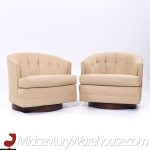 Selig Mid Century Walnut Base Swivel Lounge Chairs - Pair