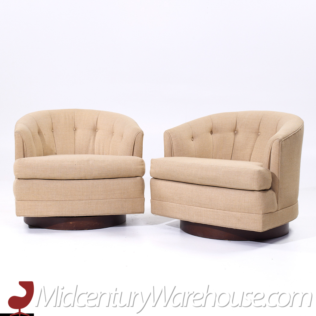 Selig Mid Century Walnut Base Swivel Lounge Chairs - Pair