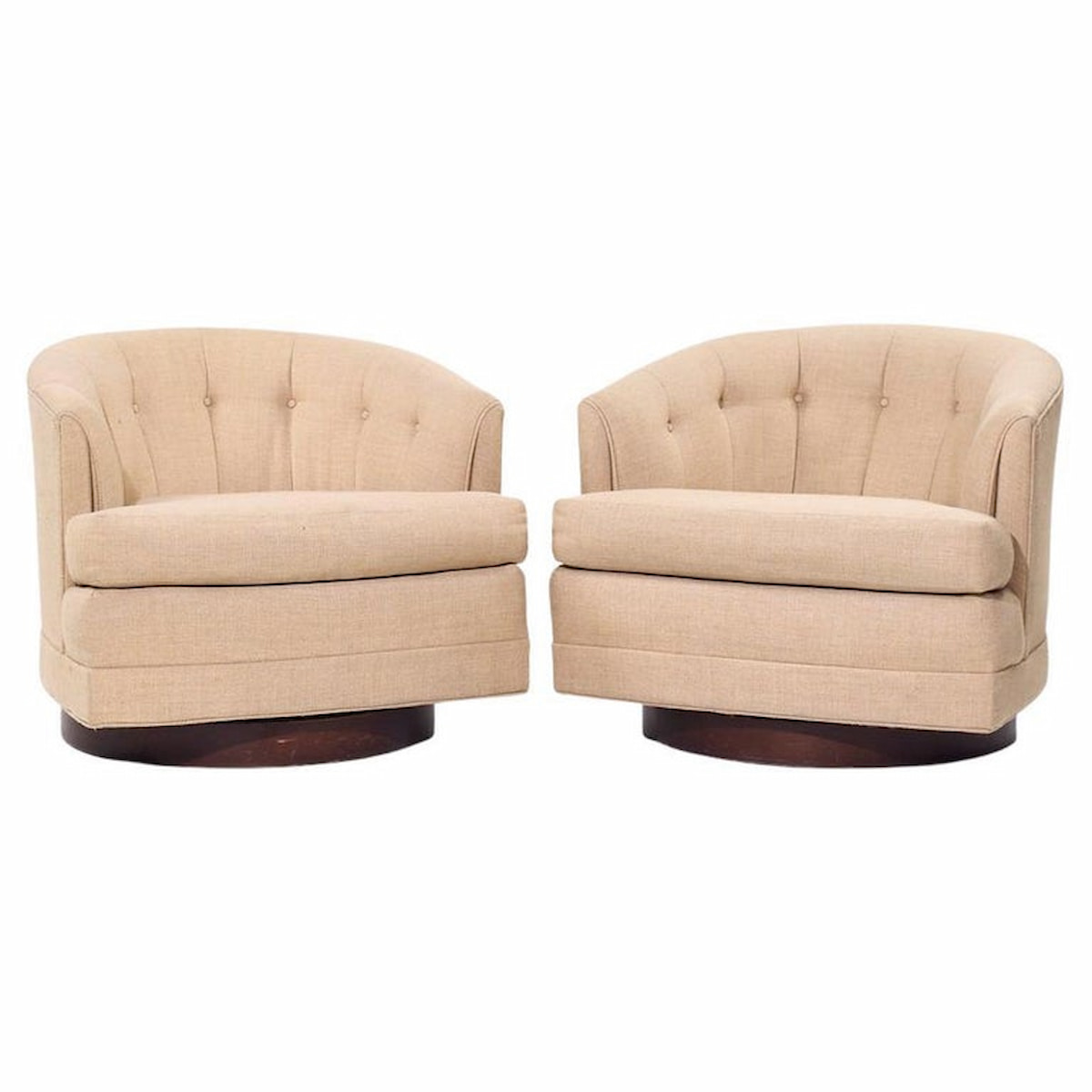 Selig Mid Century Walnut Base Swivel Lounge Chairs - Pair