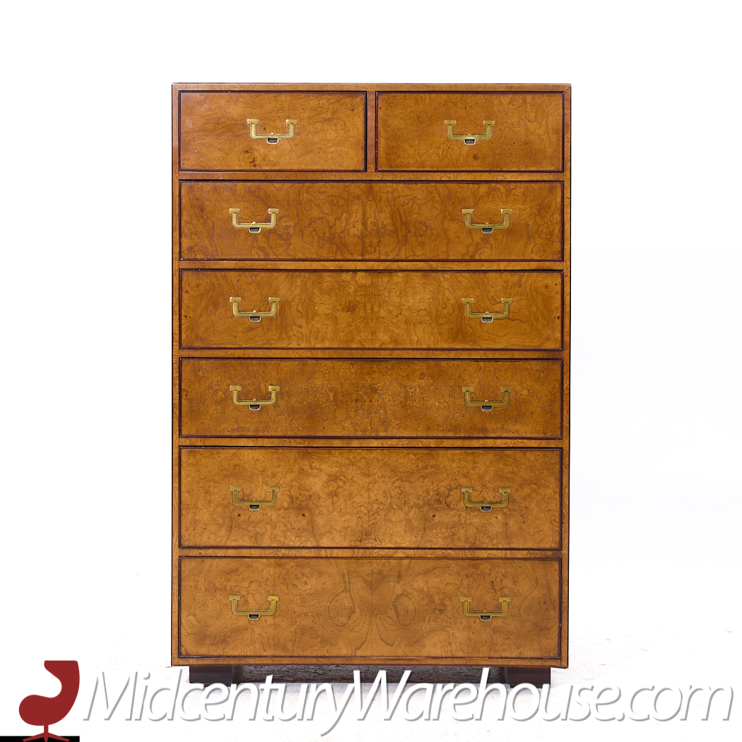 John Widdicomb Campaign Mid Century Burlwood and Brass Highboy Dresser