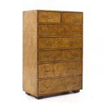 John Widdicomb Campaign Mid Century Burlwood and Brass Highboy Dresser