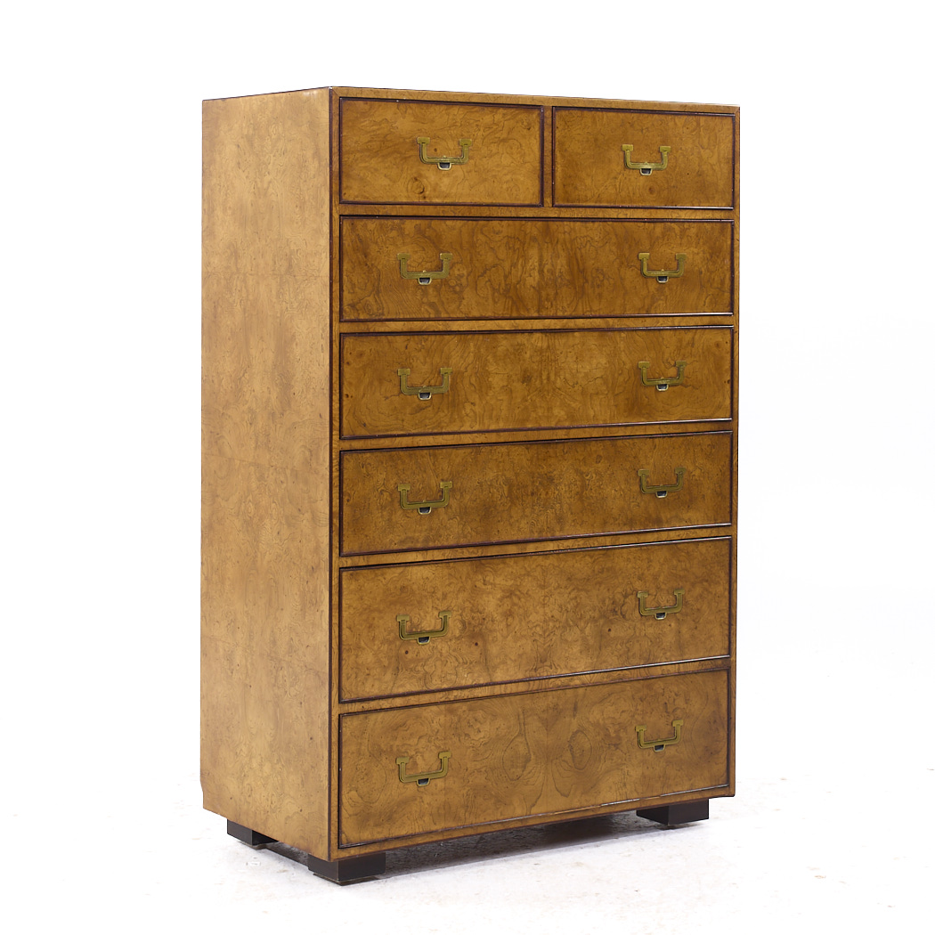 John Widdicomb Campaign Mid Century Burlwood and Brass Highboy Dresser