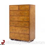 John Widdicomb Campaign Mid Century Burlwood and Brass Highboy Dresser