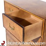 John Widdicomb Campaign Mid Century Burlwood and Brass Highboy Dresser