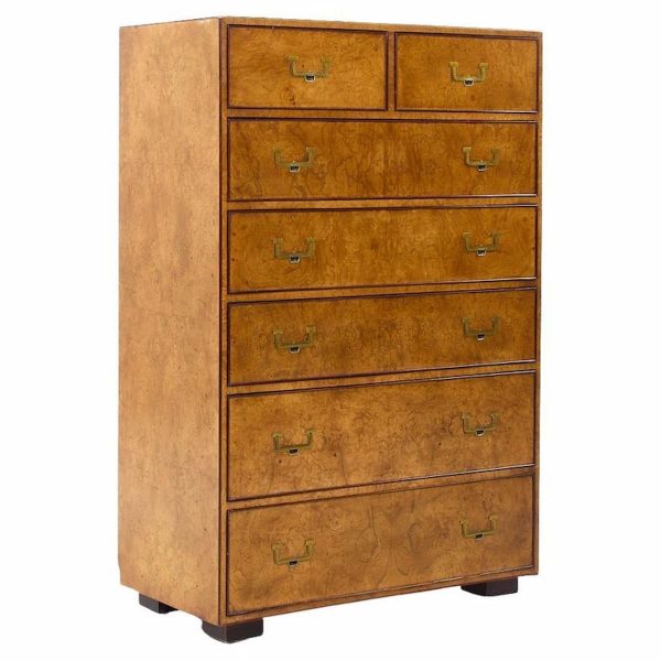 John Widdicomb Campaign Mid Century Burlwood and Brass Highboy Dresser