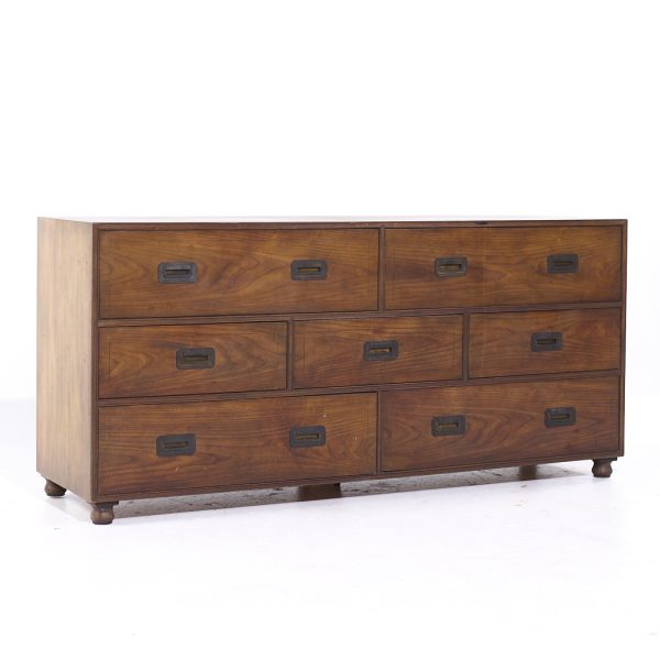 Baker Furniture Mid Century Walnut Campaign Lowboy Dresser