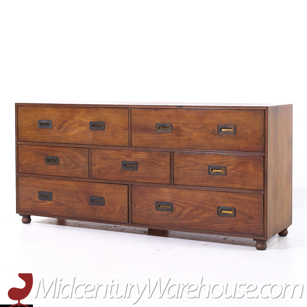 Baker Furniture Mid Century Walnut Campaign Lowboy Dresser