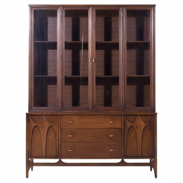 Broyhill Brasilia Mid Century Walnut and Brass Credenza and Hutch