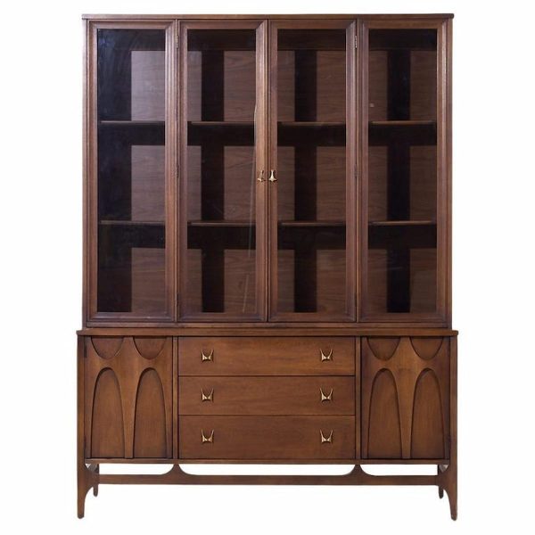 Broyhill Brasilia Mid Century Walnut and Brass Credenza and Hutch