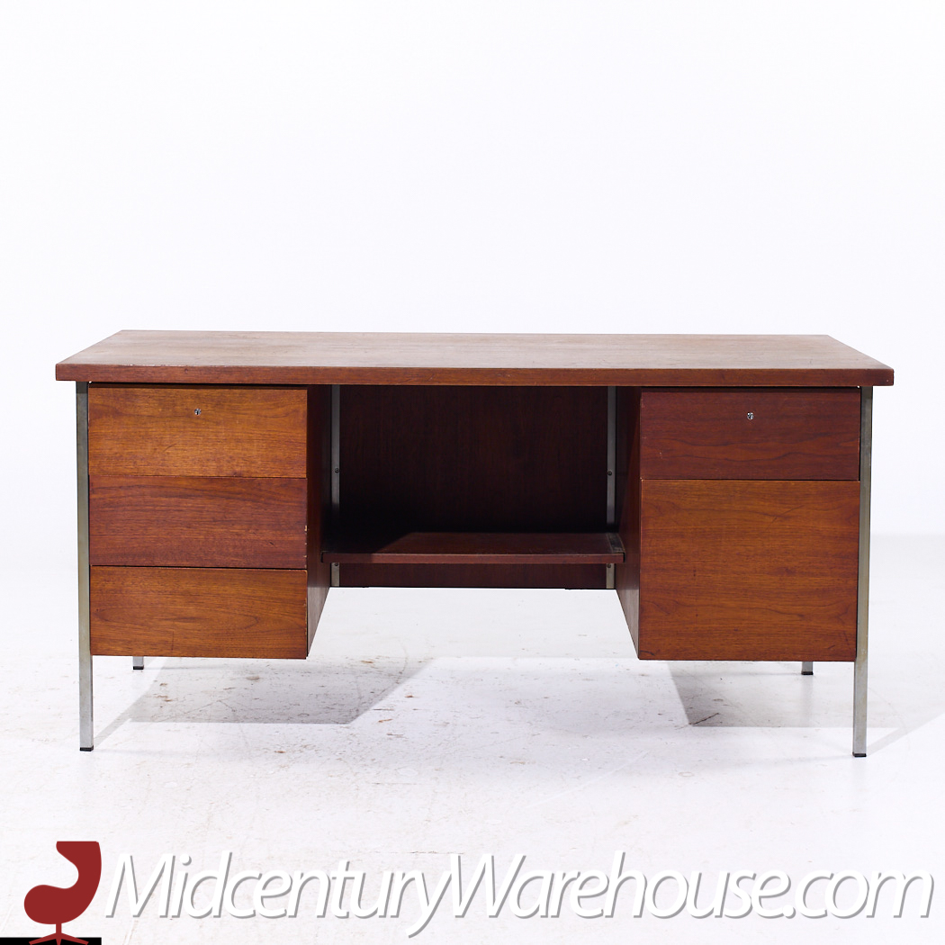 Florence Knoll Mid Century Walnut and Chrome Executive Desk